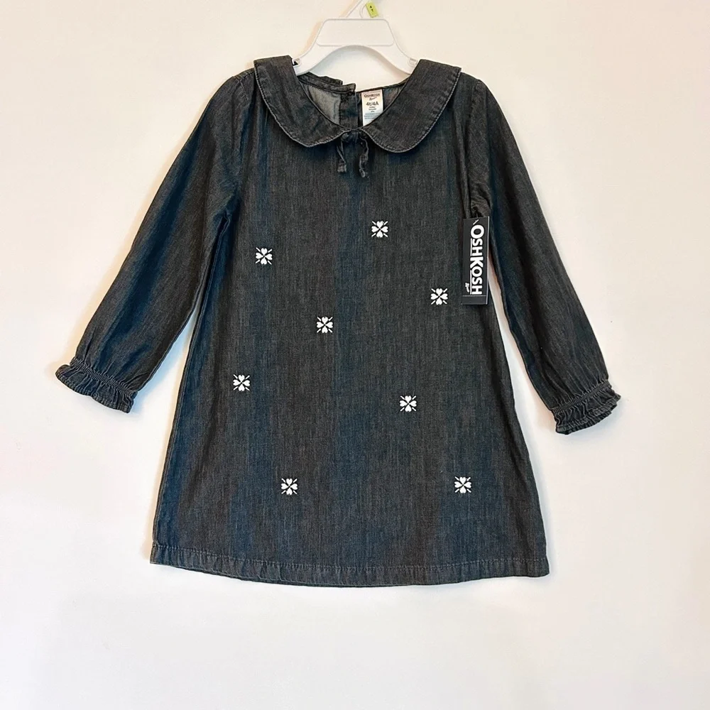 OshKosh Denim Dress – Embroidered Floral | Size 4T/4A | NWT
